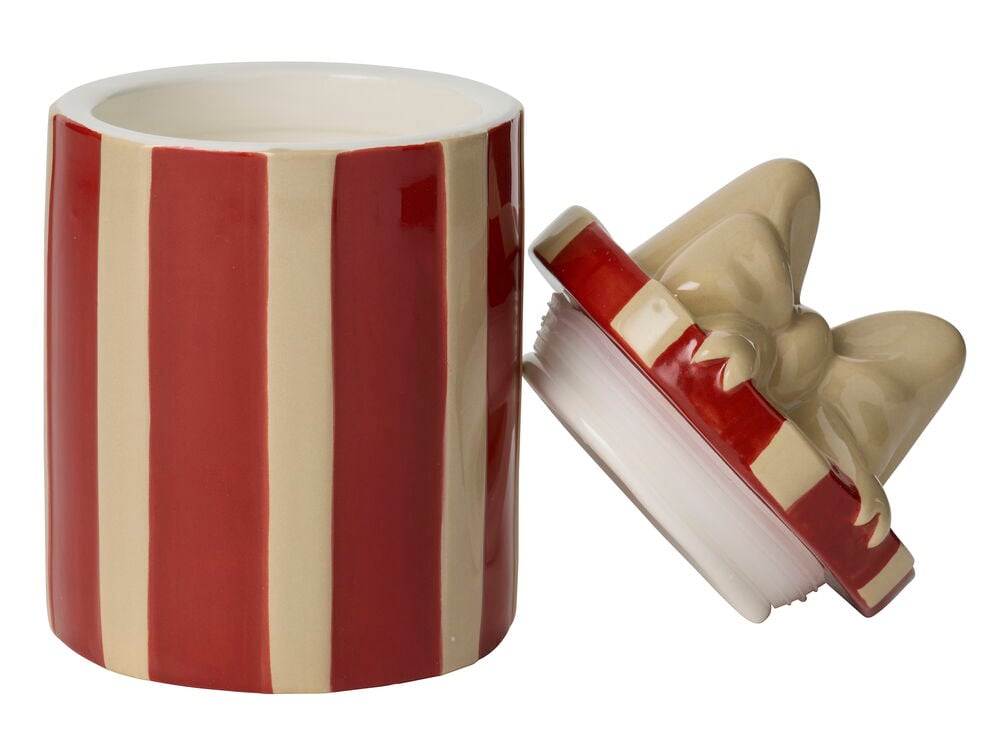 Duftlys Minnie Rød Keramikk med røde/beige striper, lokket har Minnie Mus-ører og sløyfe.