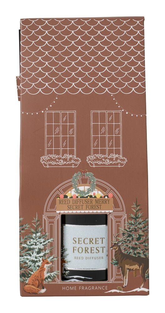 Doftpinnar Merry 100 ml i en brun pepparkakshusformad låda med vita detaljer, rådjur och räv.