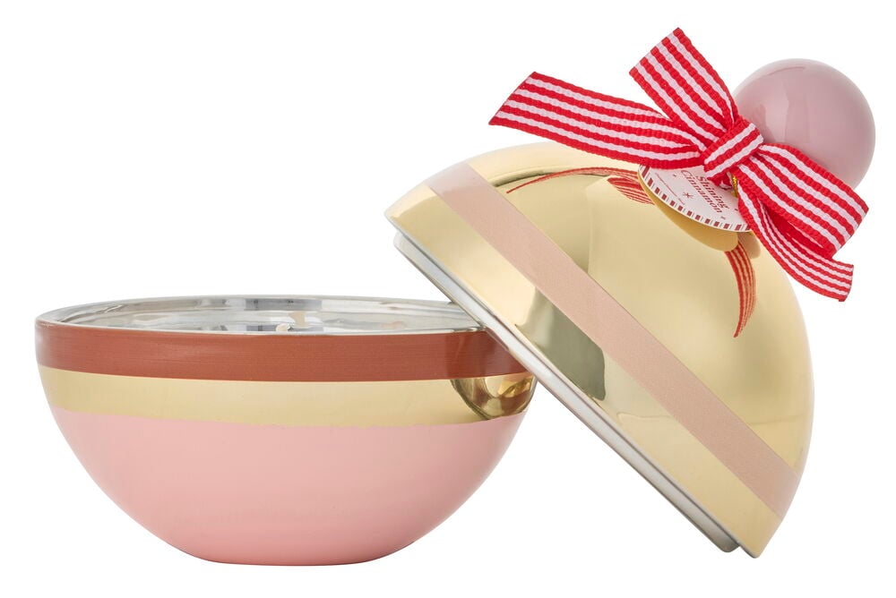 Duftlys Pebbles Rosa med flerfarget base, gullfarget lokk og rødstripet sløyfe med en rosa kule.