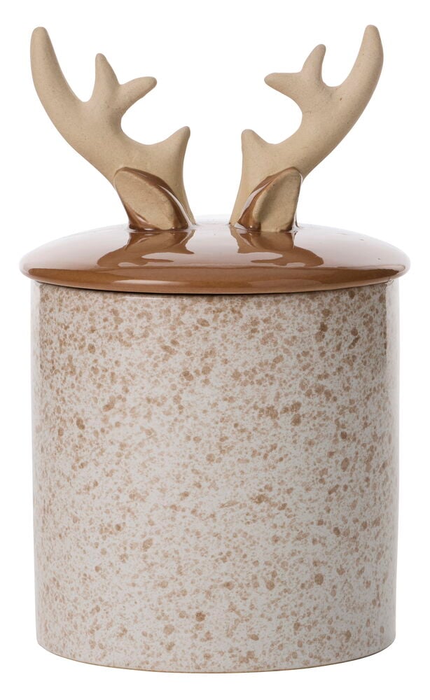 Duftlys Deer: En spraglet beige krukke med brunt lokk med to beige hjortegevir.