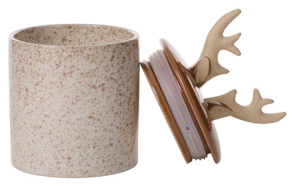 Duftlys Deer med flekkete beige keramikkrukke og et separat brunt lokk med lysere beige gevir.