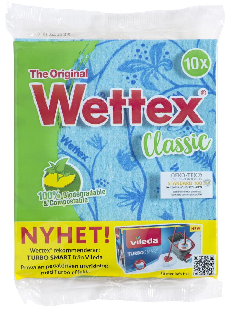 Tio blå mönstrade disktrasor i genomskinlig plastförpackning.