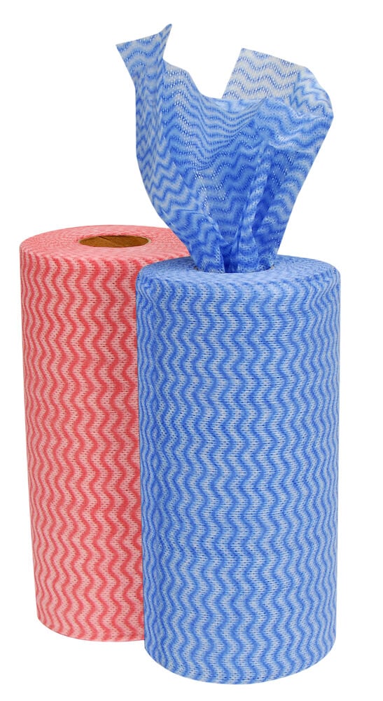 To ruller rengjøringskluter i blått og rødt.