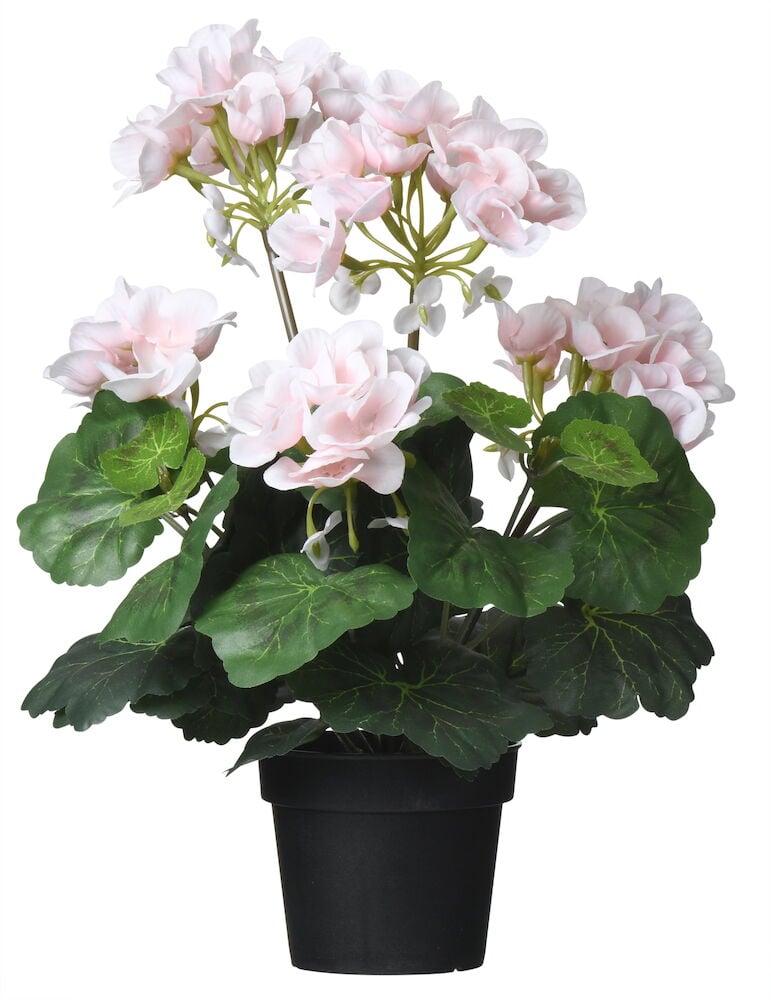 Vaaleanpunainen tekokukkanen mustassa ruukussa.