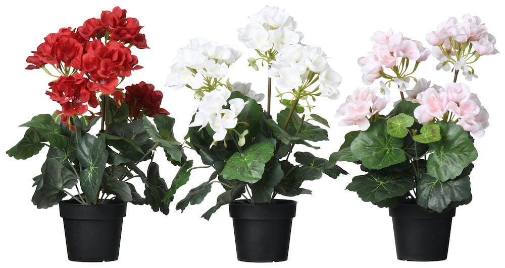 Kolme tekokuranttia eri väreissä ruukuissa.