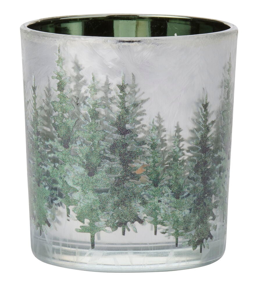 Teelichthalter 8 cm Glas Forest mit mattierter weißer Außenseite und grünem Glitzer-Tannenbaum-Muster.