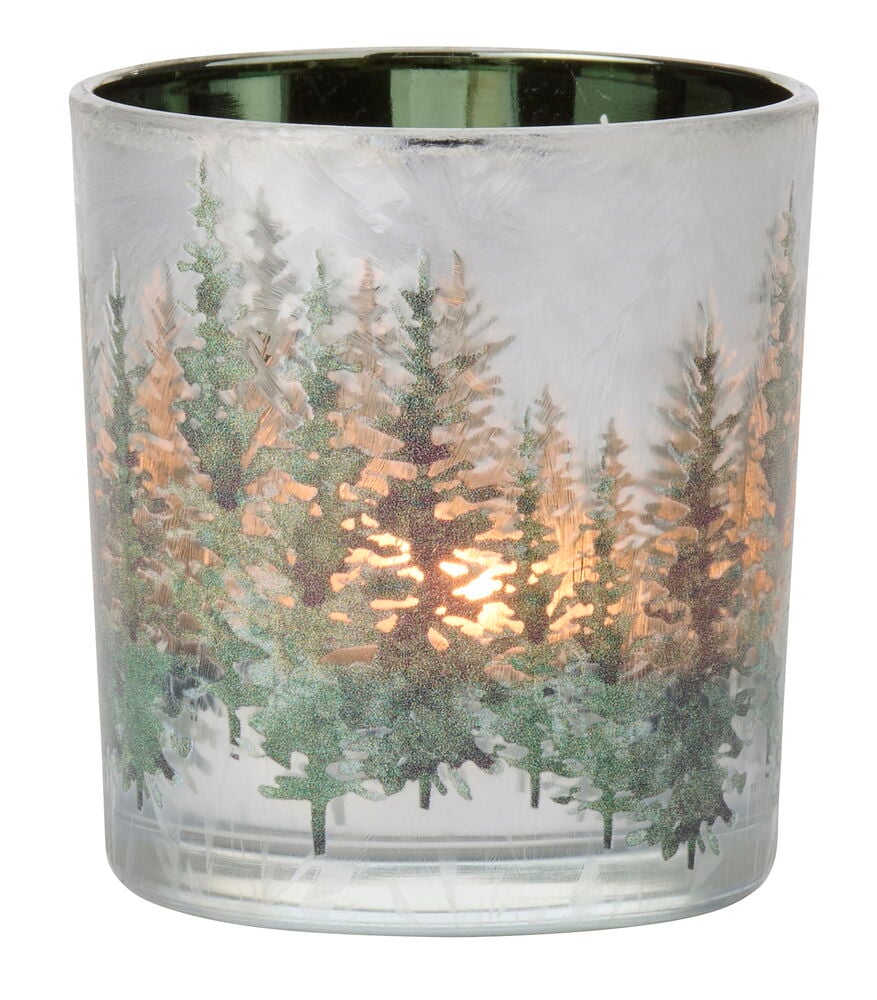 Teelichthalter 8 cm Glas Forest, mattiertes Glas mit grünen Bäumen und warmem Licht.