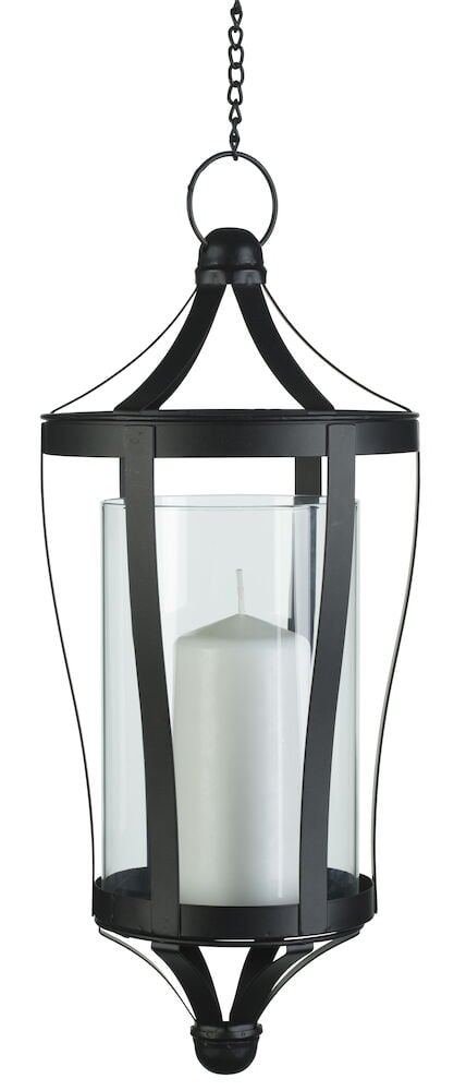 Musta roikkuva lyhty metallista ja lasista valolla.