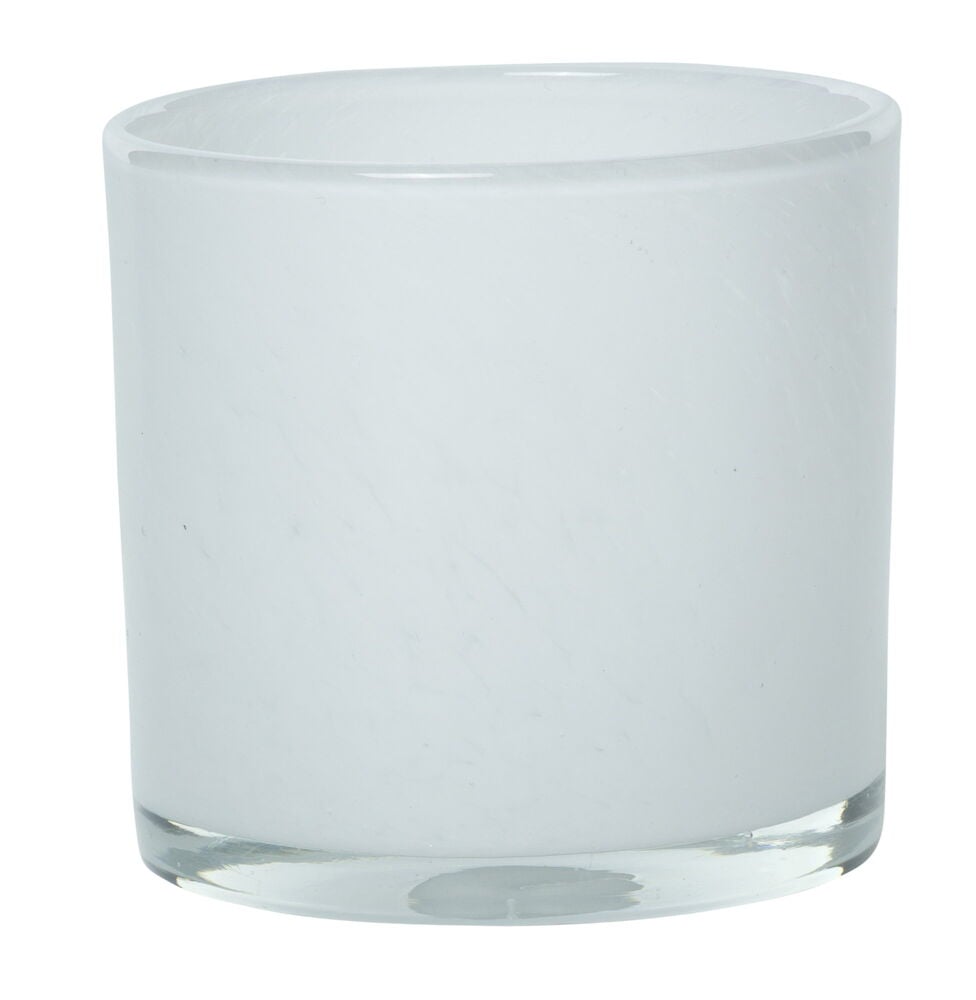 Vit cylindrisk värmeljushållare i glas.