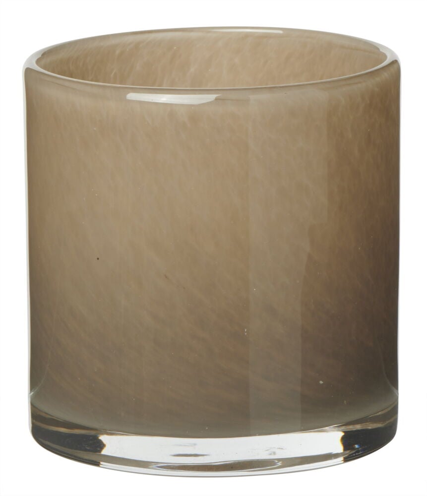 Brun värmeljushållare i glas med rund form.