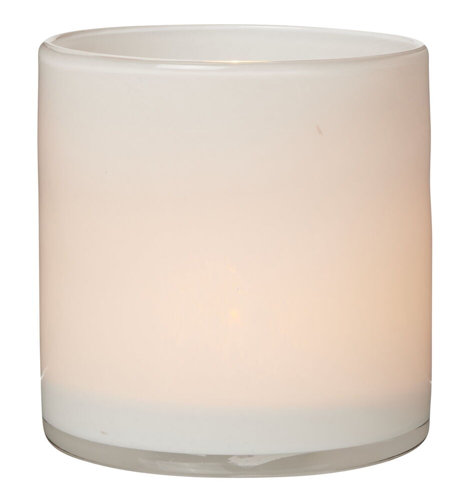 Vit cylinderformad värmeljushållare i handgjort glas.