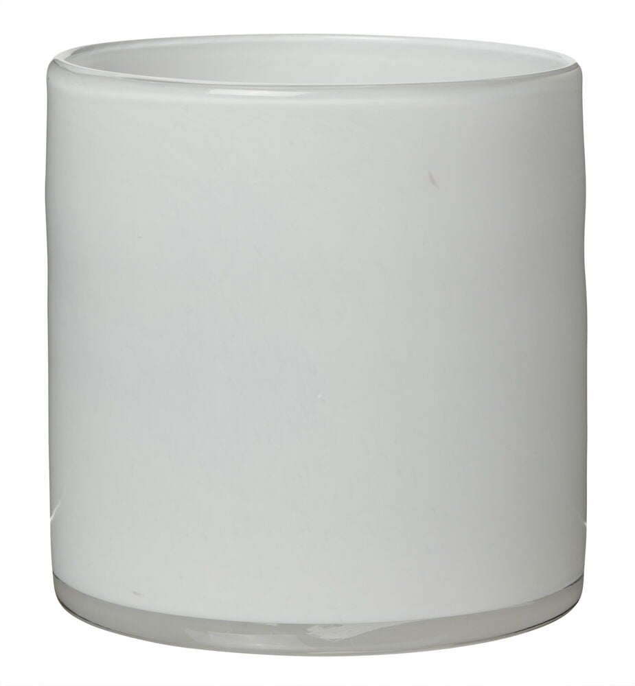 Vit glas värmeljushållare med enkel cylindrisk form.