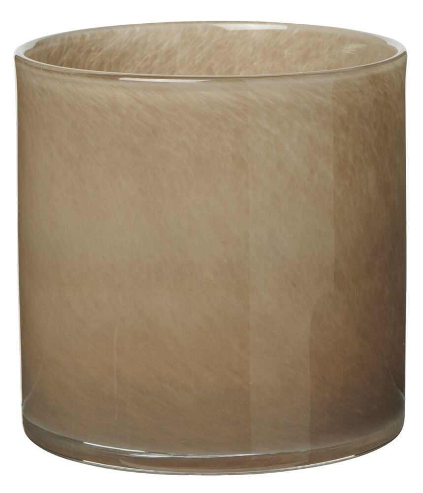 Brun värmeljushållare i glas med rund form.