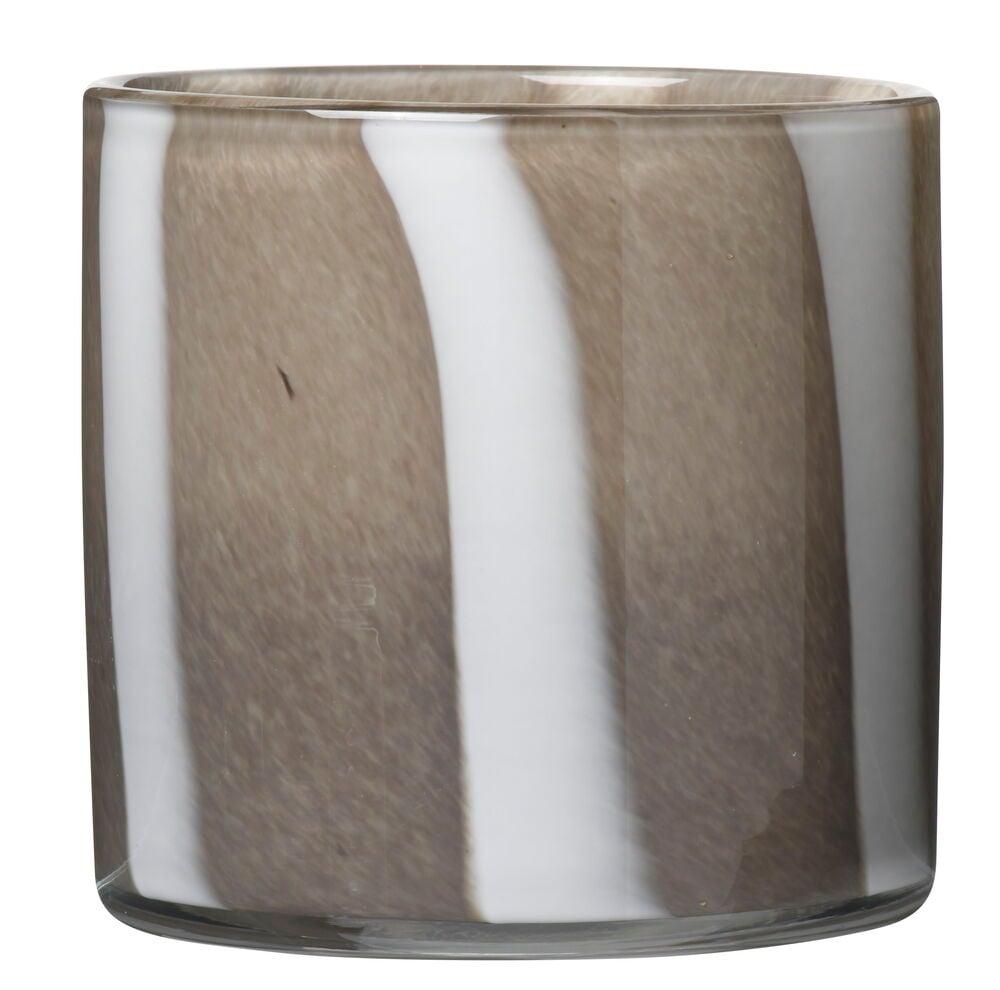 Raidallinen lämpökynttilän pidike violetista lasista, kaksitoista senttimetriä.