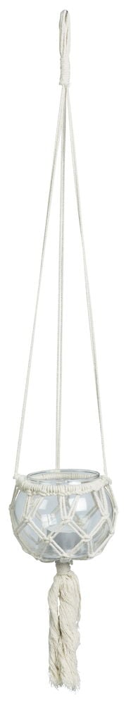 Hängande glaslykta i makramé med dekorativ tofs.