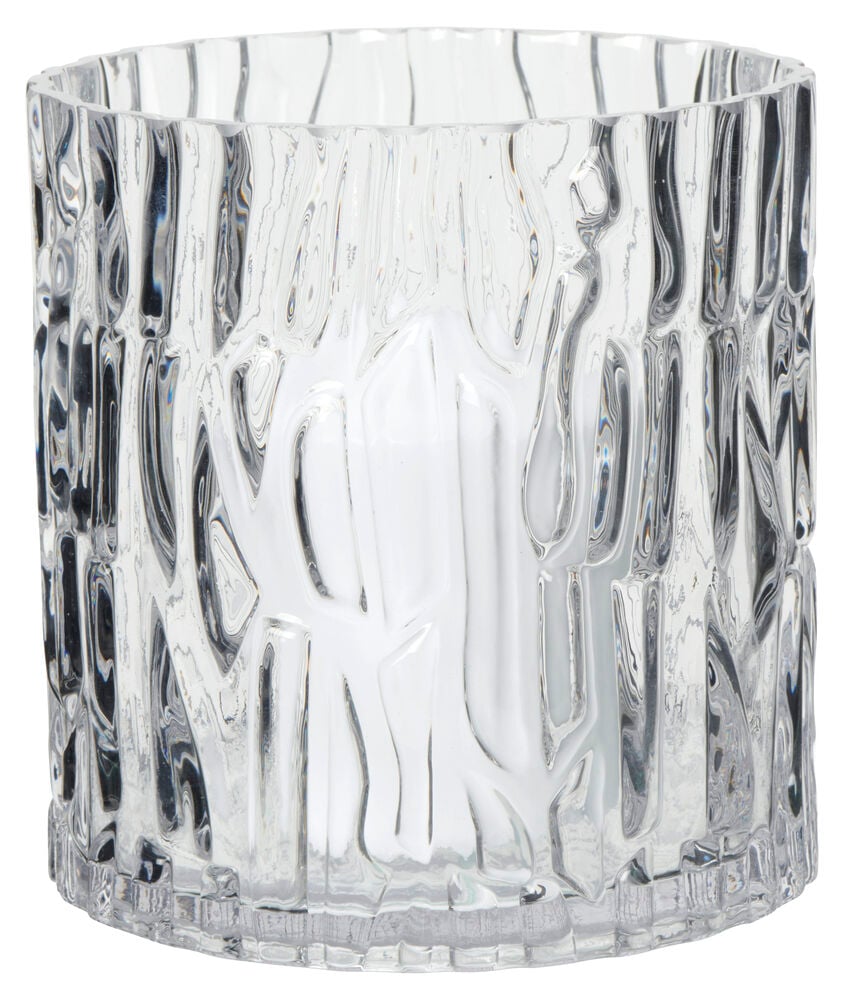 Cylindrisk glasljusstake med dekorativt mönster.