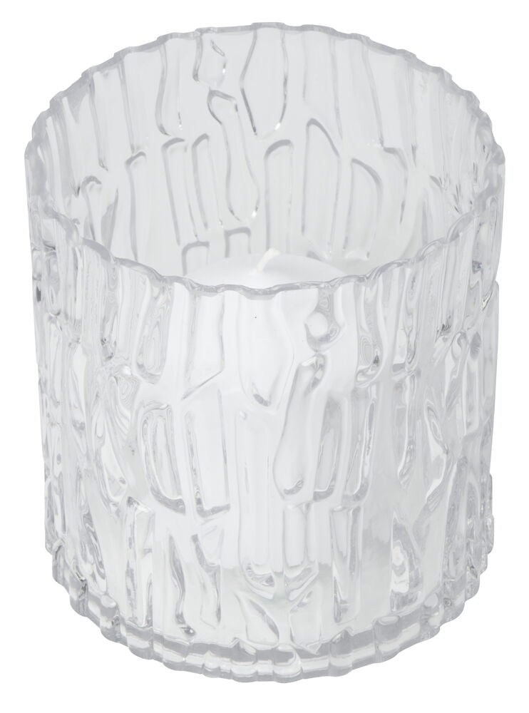 Gjuten ljusstake i glas med struktur.