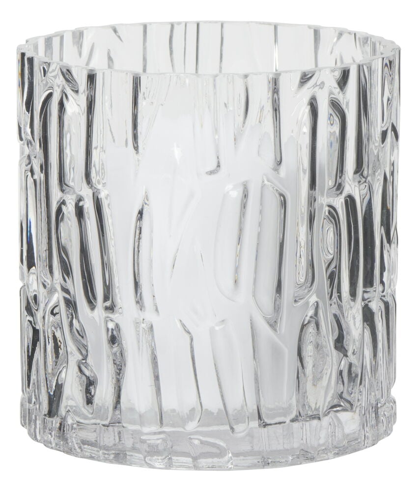 Dekorativ cylindrisk ljusstake i klart mönstrat glas.