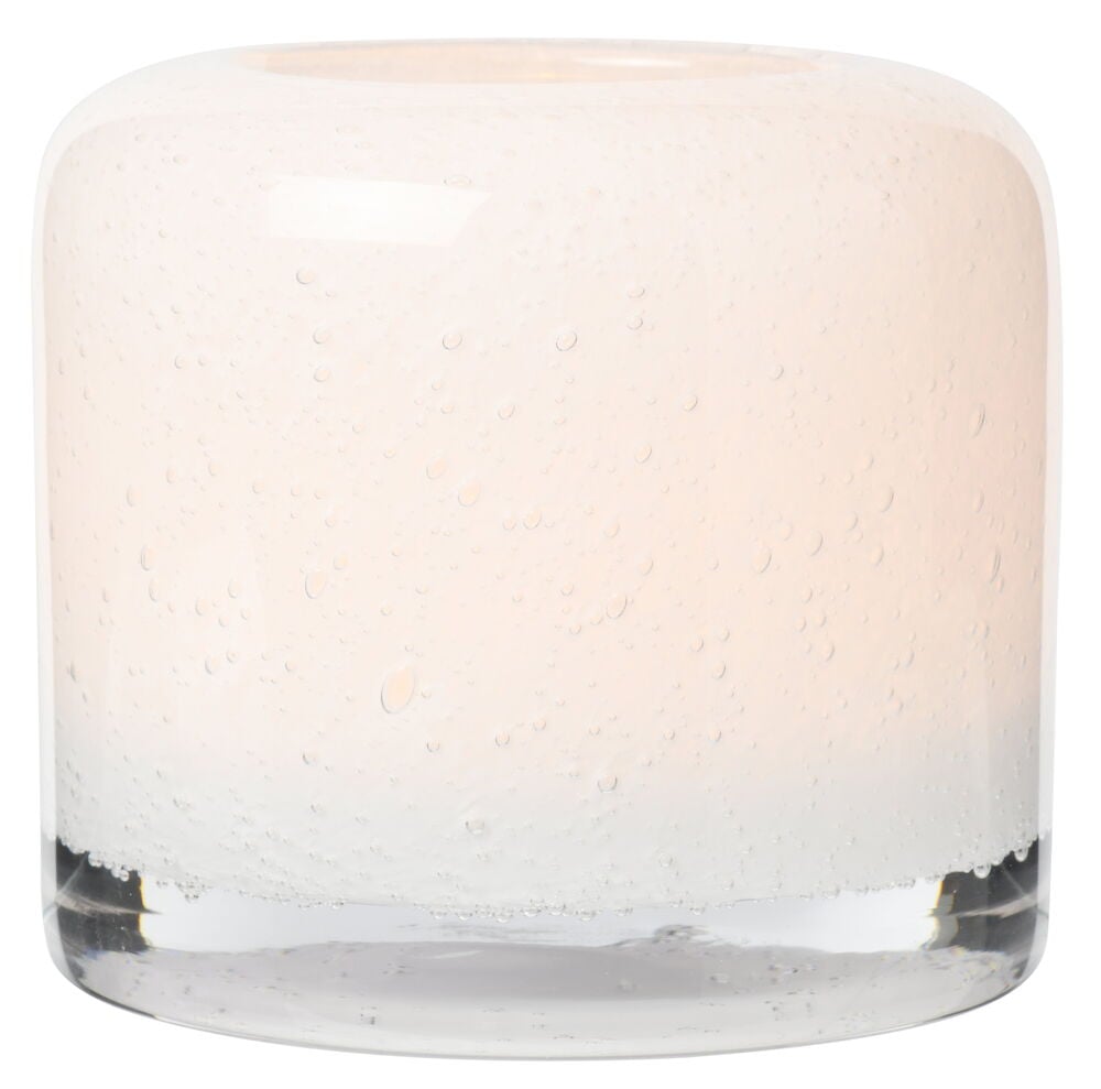 Weißer Glas-Kerzenhalter mit dekorativen Blasen.