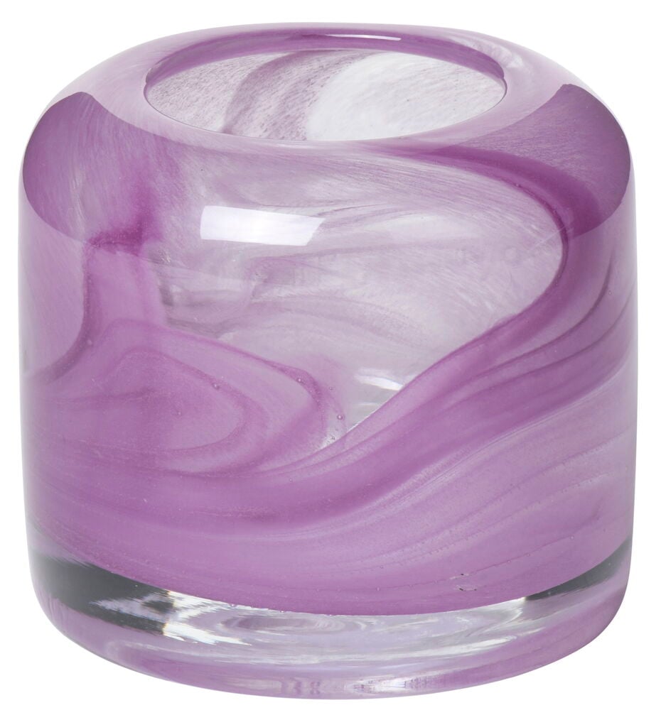 Pyöreän muotoinen violetti lasinen kynttilänjalka, jossa on yksinkertainen muotoilu.
