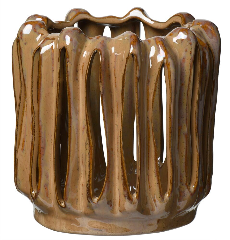 Braune Steingutlaterne mit organisch welliger Form.