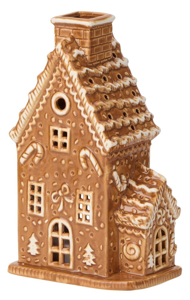 Brun keramik Värmeljushållare Pepparkakshus 21 cm dekorerad med vit glasyr, polkagrisar, fönster och skorsten.