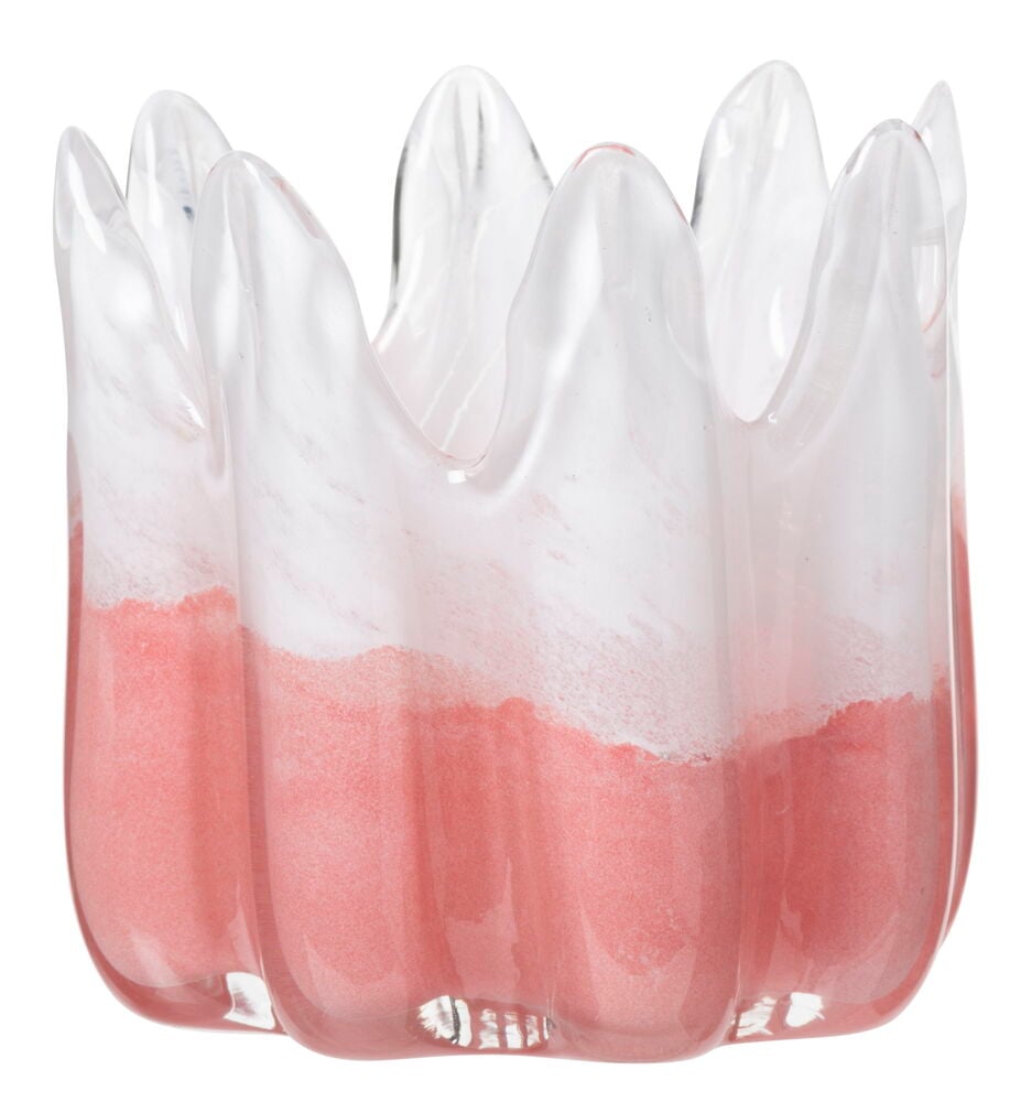 Käsintehty lämpökynttilän pidike vaaleanpunaisesta ja valkoisesta lasista.