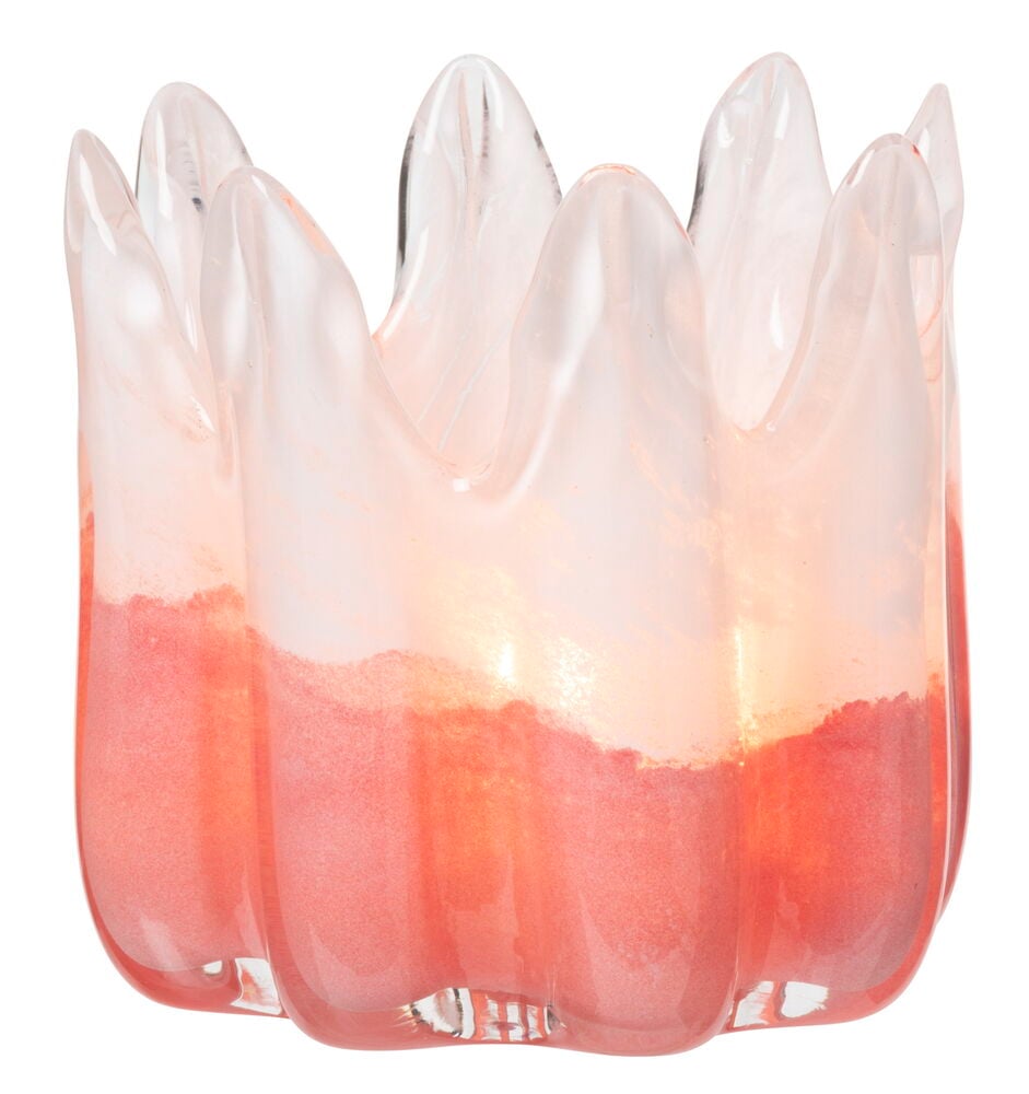 Sylinterimäinen vaaleanpunainen ja valkoinen lasinen tuikkukynttilän pidike.