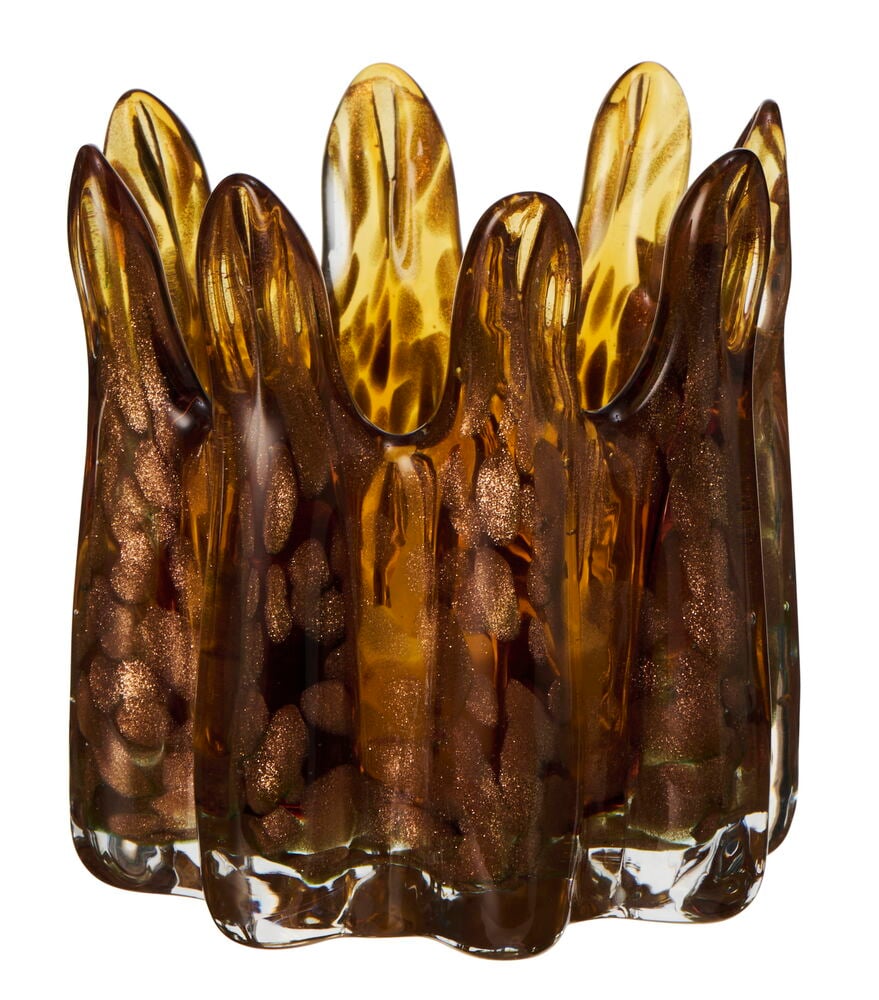 Handgjord bärnstensfärgad glashållare med mjukt organisk form.