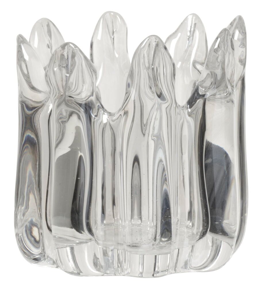 Käsintehty, kupliva lasinen lämpökynttilänpidike orgaanisessa muodossa.