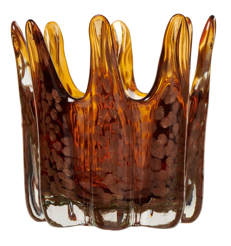 Brun handgjord glasljusstake med organiskt uttryck.