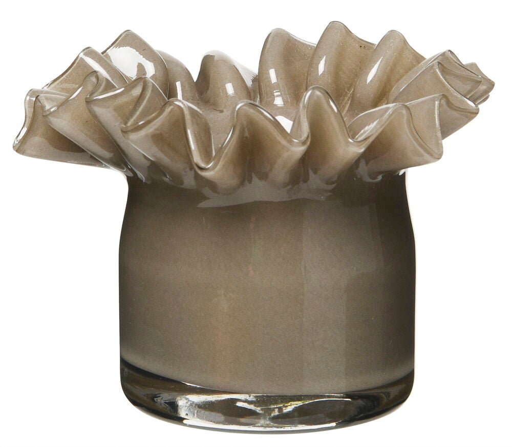 Käsintehty greige-lämpökynttilänpidike lasista, jossa on aaltoileva reuna.