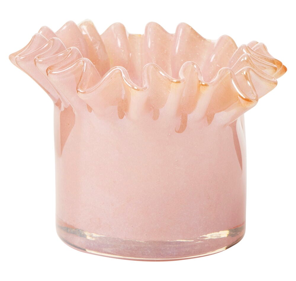 Korallinvärinen lasilyhty aaltoilevalla orgaanisella muodolla.