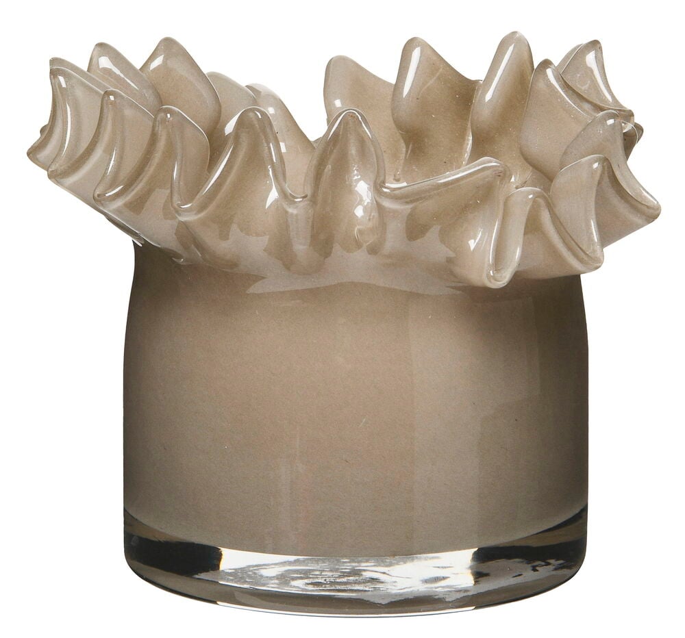 Käsintehty greige tuikkukynttilän pidike lasista aaltoilevalla reunalla.