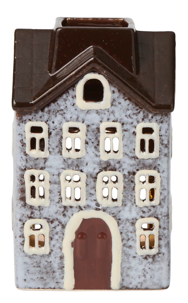 Lyhty House 15 cm, keraaminen talo ruskealla katolla, täplikkäillä harmailla seinillä ja valkoisilla ikkunakehyksillä.