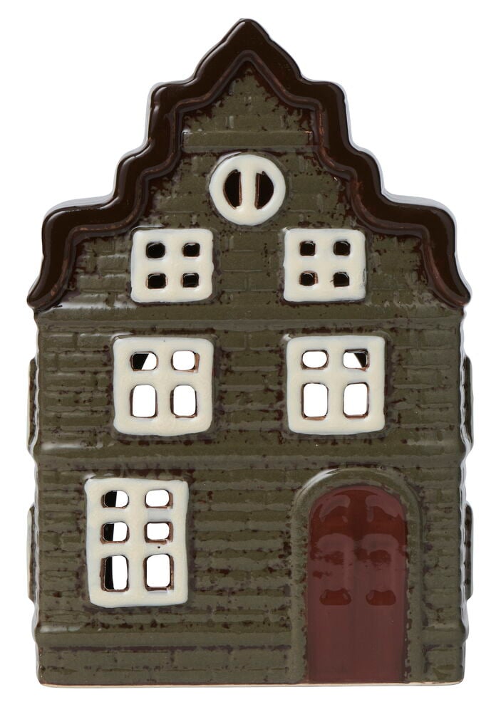 Lyhty House 18,5 cm, keraaminen tummanvihreä talo ruskealla katolla, kaarevalla ovella ja luonnonvalkoisilla ikkuna-aukoilla.