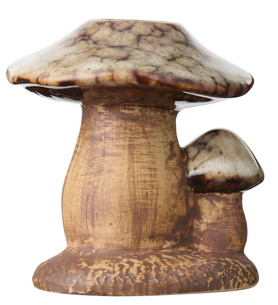 Kynttilänjalka Mushroom 9 cm ruskeilla ja beigenvärisillä kiiltävillä halkeilevilla hatuilla ja kuvioiduilla varsilla.