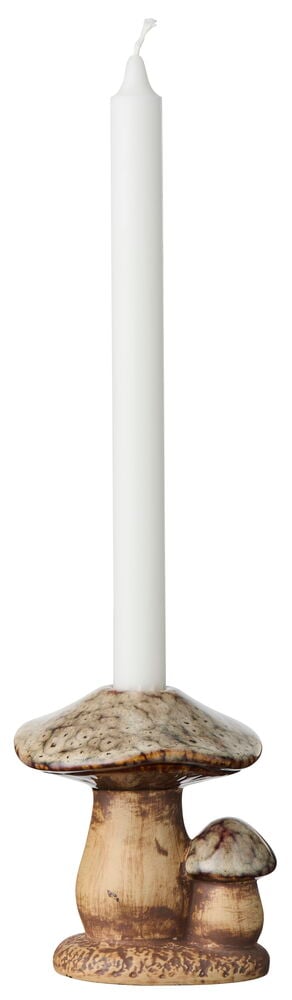 Ruskea ja beige keraaminen Kynttilänjalka Mushroom 12 cm, kahden sienen muotoinen, valkoisen kynttilän kanssa.