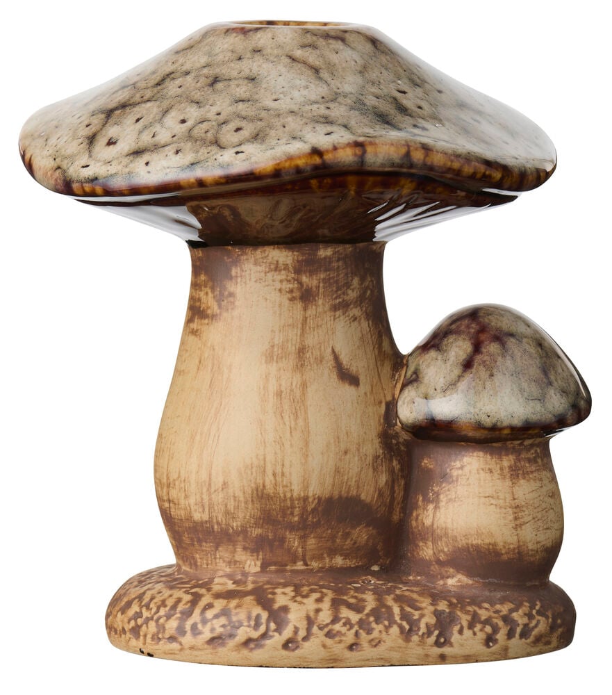 Keraaminen Kynttilänjalka Mushroom kahdella lasitetulla ruskealla ja beigellä sienellä tekstuuroidulla alustalla.