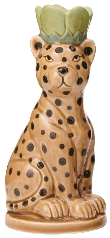 Ljusstake Missy 19 cm: en sittande leopardfigur i keramik med svarta fläckar och en grön krona.