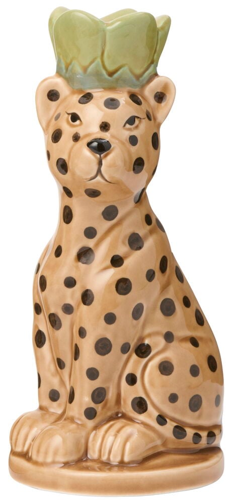 Keramisk prickig leopard Ljusstake Missy 19 cm, beige med mörka fläckar och grön krona.