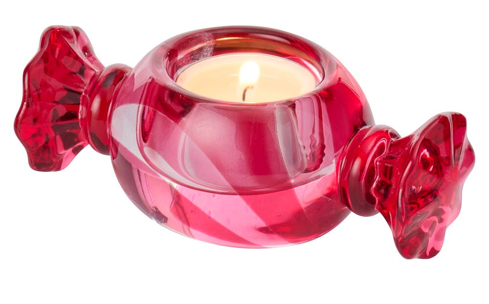 Telysholder Sweetie Glass, en rød godteri-formet glassholder med et tent telys.