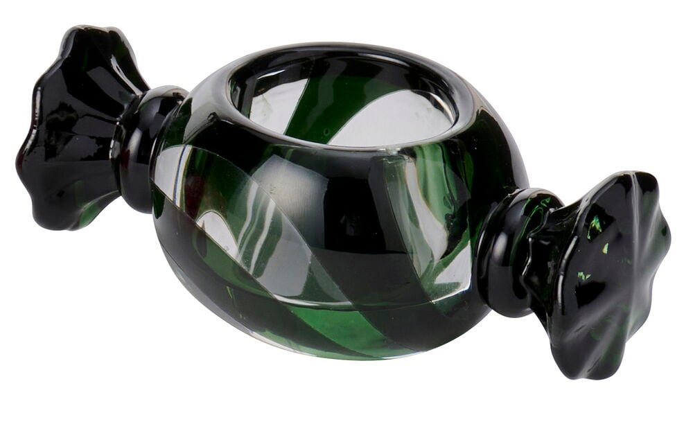 Telysholder Sweetie Glass, en stripete mørkegrønn og klar godteri-formet glassholder med en toppåpning.