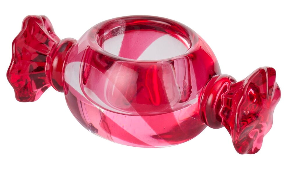 Godteriformet Telysholder Sweetie Glass med rosa og røde striper.