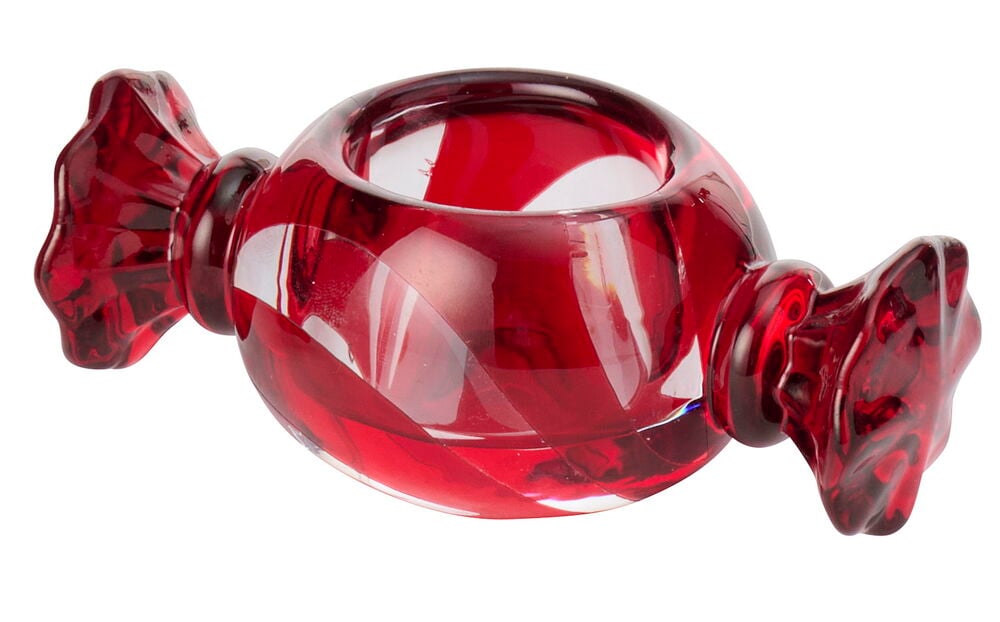 Rød telysholder Sweetie Glass, formet som en innpakket godteri.