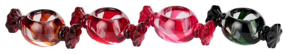 Fire godteri-formede Telysholder Sweetie Glass i rav, rødt, rosa-stripete og grønt-stripete glass.