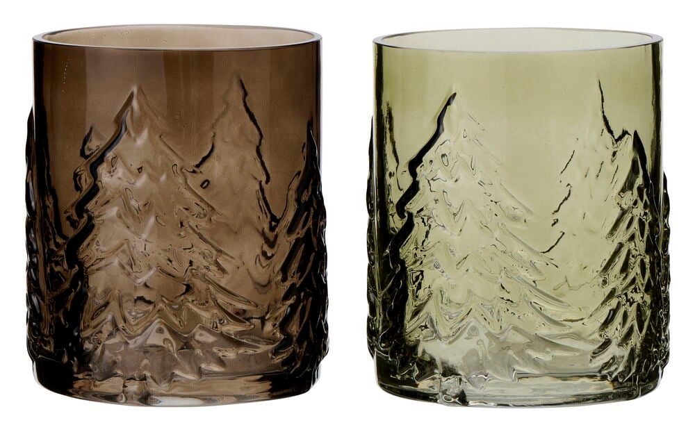 To sylindriske glasslykter Lykt Forest Ø9,5x11 cm, en brun og en grønn, med teksturerte tremønstre.
