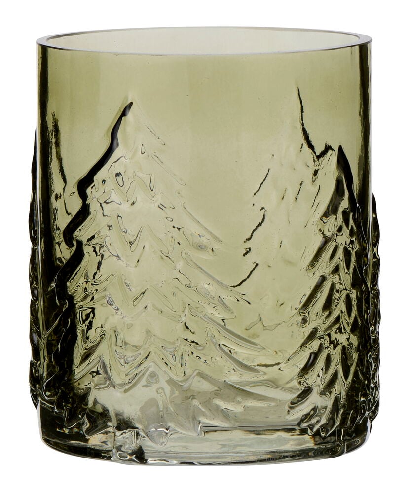 Olivengrønn Lykt Forest i glass med preget tremotiv, forfra.