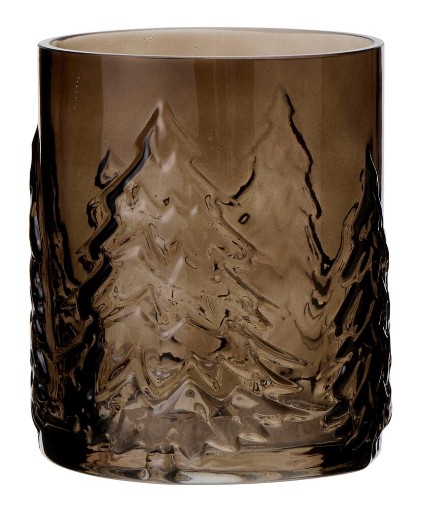 Brun glasslykt Lykt Forest Ø9,5x11 cm med preget skogsmønster.