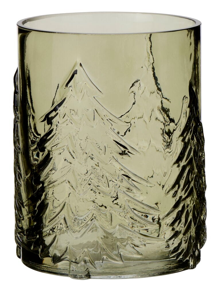 Mørkegrønn glasslykt Lykt Forest Ø13x16 cm med et preget furumønster.